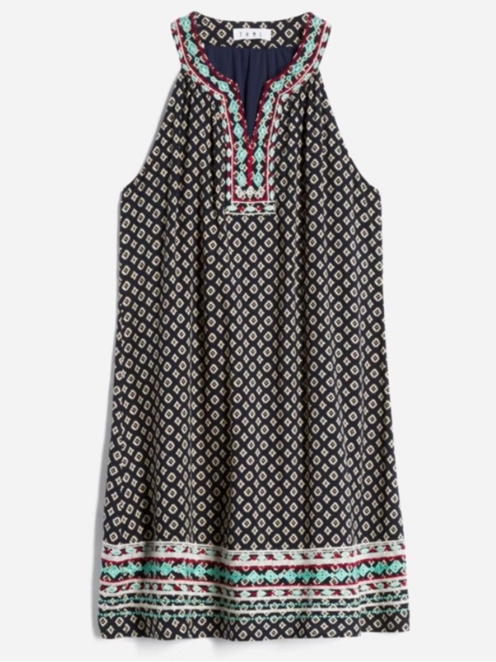 THML "Faye" Embroidered Halter Shift Dress Navy Diamond Pattern - Size XL - NWOT